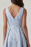 Blue Floral Jacquard V Neck A Line Wedding Guest Dress