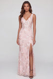 Pink Floral Sequin V Neck Maxi Wedding Guest Dress with Slit