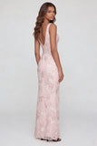 Pink Floral Sequin V Neck Maxi Wedding Guest Dress with Slit