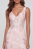 Pink Floral Sequin V Neck Maxi Wedding Guest Dress with Slit