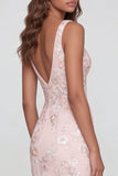 Pink Floral Sequin V Neck Maxi Wedding Guest Dress with Slit