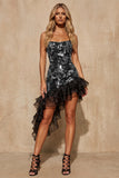 Strapless Black Beaded Tight Asymmetrical Cocktail Dress with Ruffles
