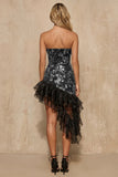 Strapless Black Beaded Tight Asymmetrical Cocktail Dress with Ruffles