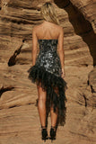 Strapless Black Beaded Tight Asymmetrical Cocktail Dress with Ruffles