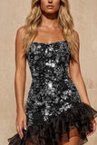Strapless Black Beaded Tight Asymmetrical Cocktail Dress with Ruffles