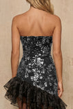 Strapless Black Beaded Tight Asymmetrical Cocktail Dress with Ruffles