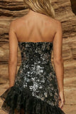 Strapless Black Beaded Tight Asymmetrical Cocktail Dress with Ruffles