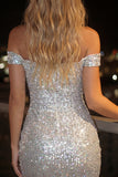 Sparkly Silver Off the Shoulder Tight Short Cocktail Dress