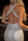 Silver Halter Tight Sequin Short Cocktail Dress