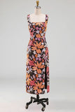 Black Floral Sequin Sheath Square Neck Midi Wedding Guest Dress with Slit