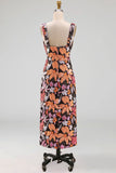Black Floral Sequin Sheath Square Neck Midi Wedding Guest Dress with Slit