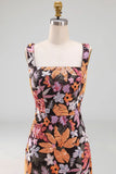 Black Floral Sequin Sheath Square Neck Midi Wedding Guest Dress with Slit