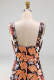 Black Floral Sequin Sheath Square Neck Midi Wedding Guest Dress with Slit