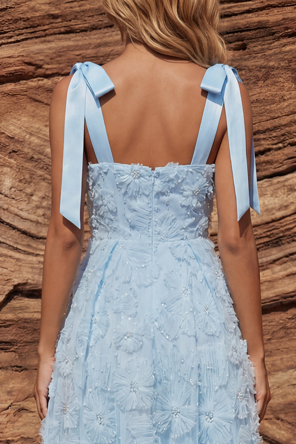 WEDTREND Women Sky Blue A Line Wedding Guest Dress Beaded Floral Square