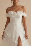 Off the Shoulder A Line Appliqued White Wedding Dress with Slit