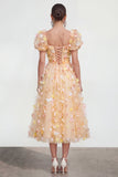 Floral Champagne A Line Midi Wedding Guest Dress with Puff Sleeves