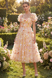 Floral Champagne A Line Midi Wedding Guest Dress with Puff Sleeves