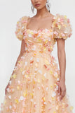 Floral Champagne A Line Midi Wedding Guest Dress with Puff Sleeves