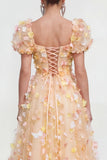 Floral Champagne A Line Midi Wedding Guest Dress with Puff Sleeves