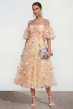 Off the Shoulder Applique Champagne A Line Wedding Guest Dress