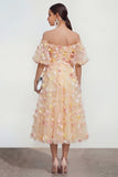 Off the Shoulder Applique Champagne A Line Wedding Guest Dress