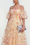 Off the Shoulder Applique Champagne A Line Wedding Guest Dress