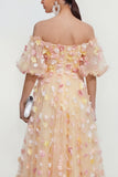 Off the Shoulder Applique Champagne A Line Wedding Guest Dress