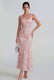 Floral Pink Ruched Mermaid Corset Wedding Guest Dress