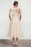 Floral Apricot A Line Bowed Midi Wedding Guest Dress