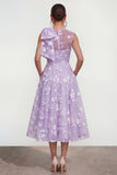 Floral Apricot A Line Bowed Midi Wedding Guest Dress