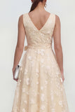 Blue Floral A Line Midi Wedding Guest Dress with Bow