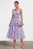 Blue Floral A Line Midi Wedding Guest Dress with Bow