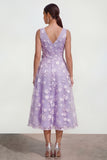 Blue Floral A Line Midi Wedding Guest Dress with Bow