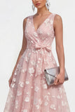 Blue Floral A Line Midi Wedding Guest Dress with Bow