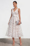 Blue Floral A Line Midi Wedding Guest Dress with Bow