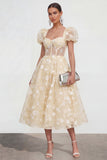 Floral Pink Puff Sleeve A Line Corset Wedding Guest Dress