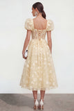 Floral Pink Puff Sleeve A Line Corset Wedding Guest Dress