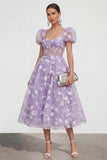Floral Pink Puff Sleeve A Line Corset Wedding Guest Dress