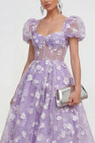 Floral Pink Puff Sleeve A Line Corset Wedding Guest Dress