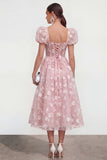 Floral Pink Puff Sleeve A Line Corset Wedding Guest Dress