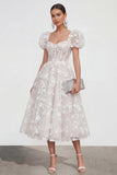 Floral Pink Puff Sleeve A Line Corset Wedding Guest Dress