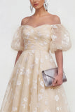 Off the Shoulder Floral Lilac Ruched A Line Wedding Guest Dress