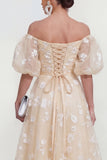 Off the Shoulder Floral Lilac Ruched A Line Wedding Guest Dress