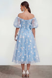 Off the Shoulder Floral Lilac Ruched A Line Wedding Guest Dress