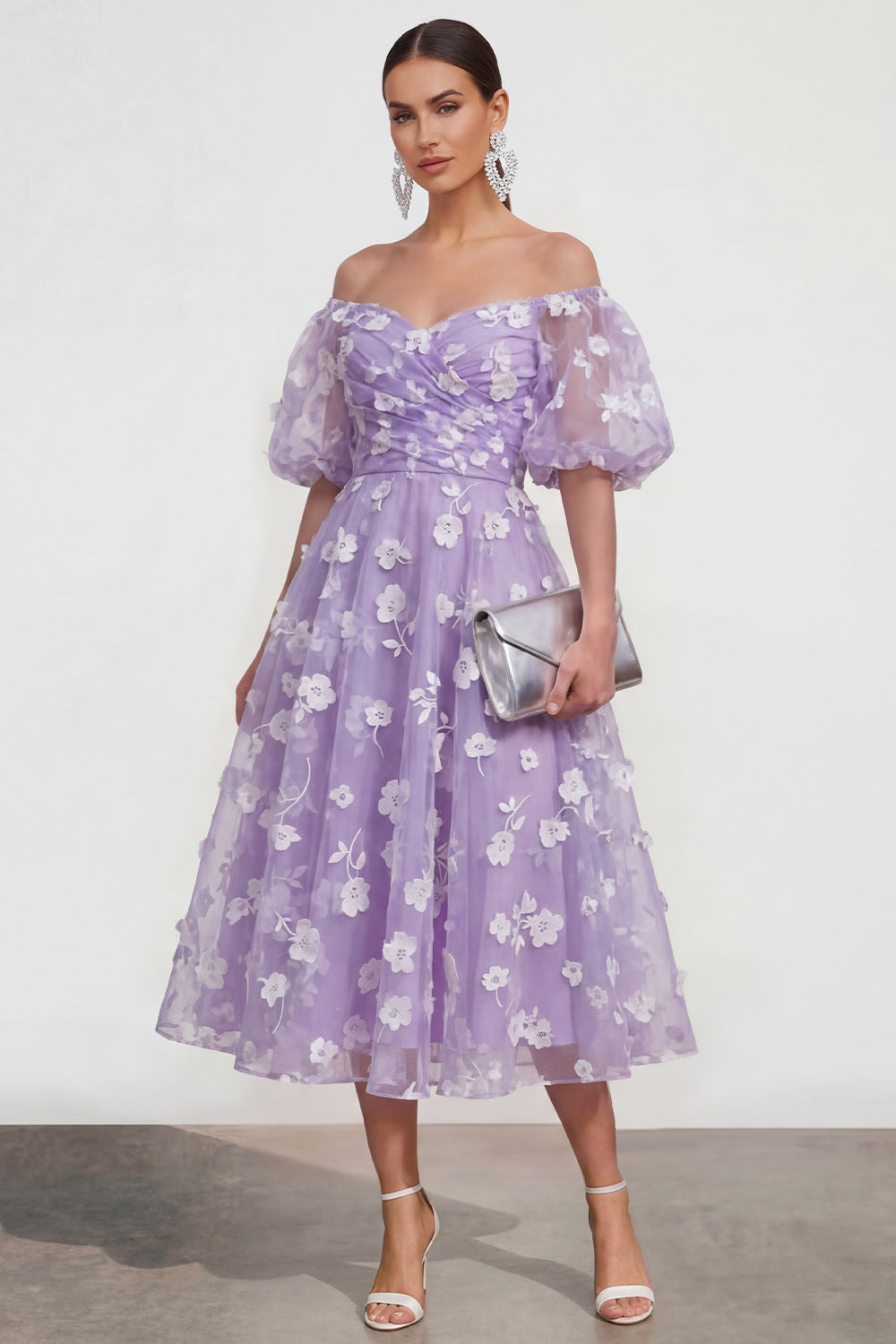 Wedtrend Women Off the Shoulder Wedding Guest Dress Floral Lilac Ruched A Line Midi Party Dress – WEDTREND Wedtrend Women Off the Shoulder Wedding Guest Dress Floral Lilac Ruched A Line Midi Party Dress – WEDTREND