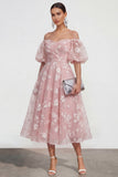 Off the Shoulder Floral Lilac Ruched A Line Wedding Guest Dress