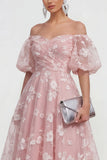 Off the Shoulder Floral Lilac Ruched A Line Wedding Guest Dress