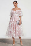 Off the Shoulder Floral Lilac Ruched A Line Wedding Guest Dress