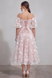Off the Shoulder Floral Lilac Ruched A Line Wedding Guest Dress