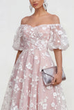 Off the Shoulder Floral Lilac Ruched A Line Wedding Guest Dress